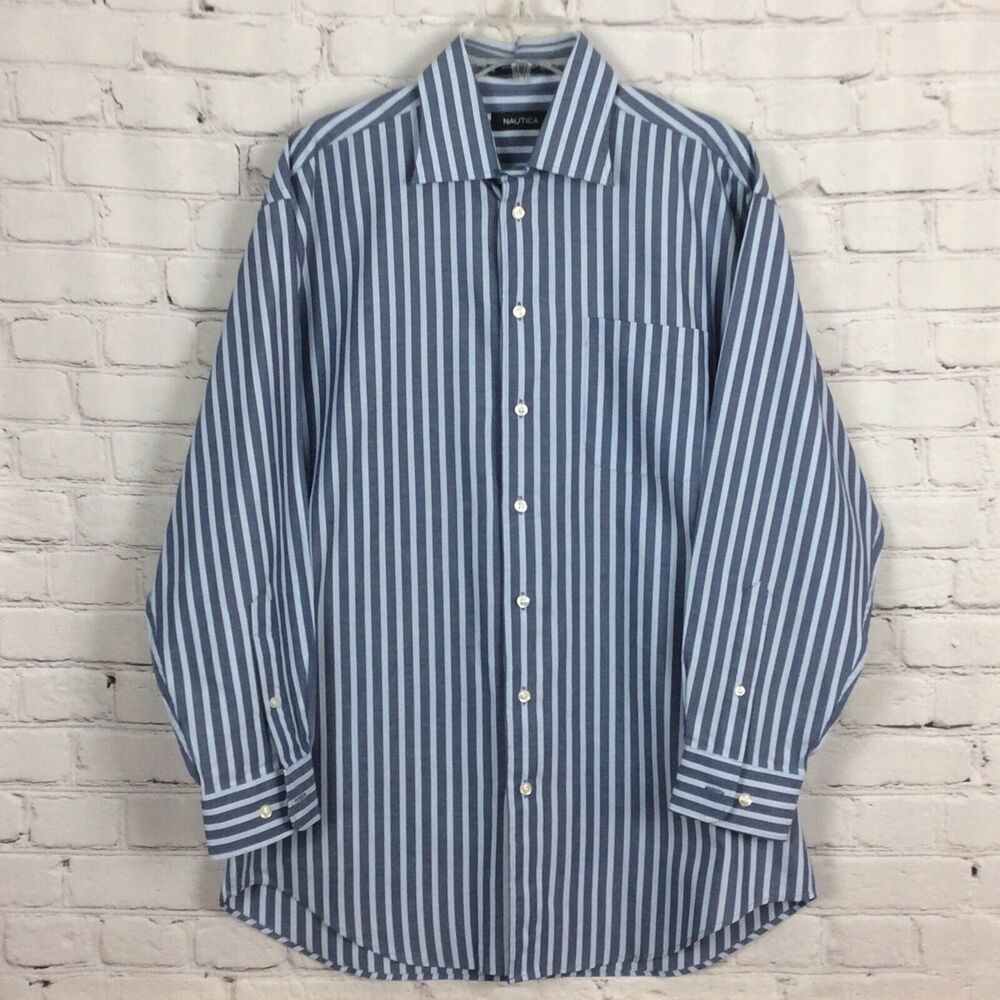 NAUTICA Men's Shirt Size 16 32/33 Long Sleeve Button Down Blue Striped